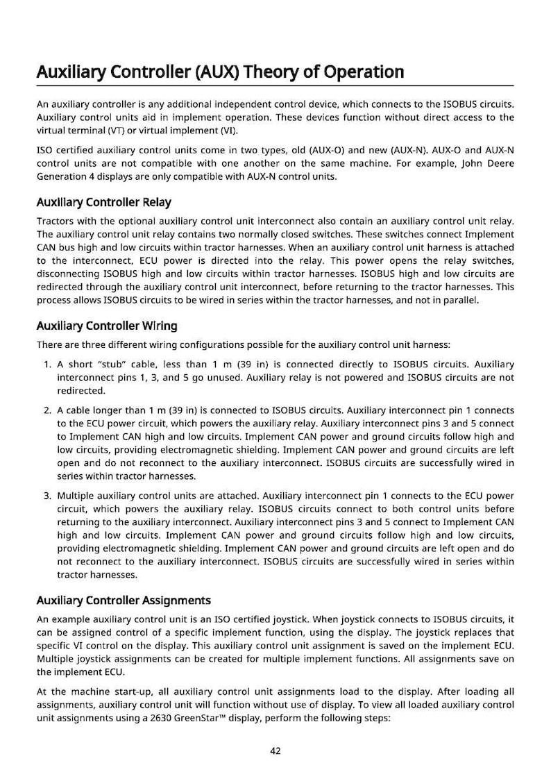 May include: Diagram of an auxiliary controller's theory of operation, including wiring configurations and assignments. Text explains the function of the controller, its relay, and how it connects to ISOBUS circuits. Includes a page number.