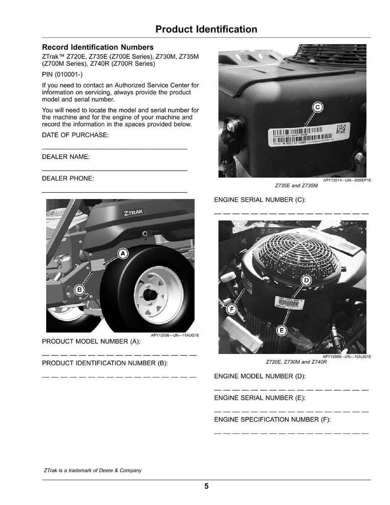 May include: Product identification page with diagrams of a ZTrak machine and engine components. Includes labels for model and serial numbers, with text such as "Record Identification Numbers" and "Engine Serial Number".