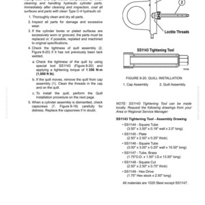 K&ouml;nnte beinhalten: Diagramm einer Quill-Installation mit einem Anziehwerkzeug, beschriftet mit Teilenummern und Ma&szlig;en in Zoll. Enth&auml;lt Anweisungen zur Reinigung, Inspektion und Montage von Hydraulikzylinderteilen. Der Text enth&auml;lt das Anzugsdrehmoment von 1356 N&middot;m.