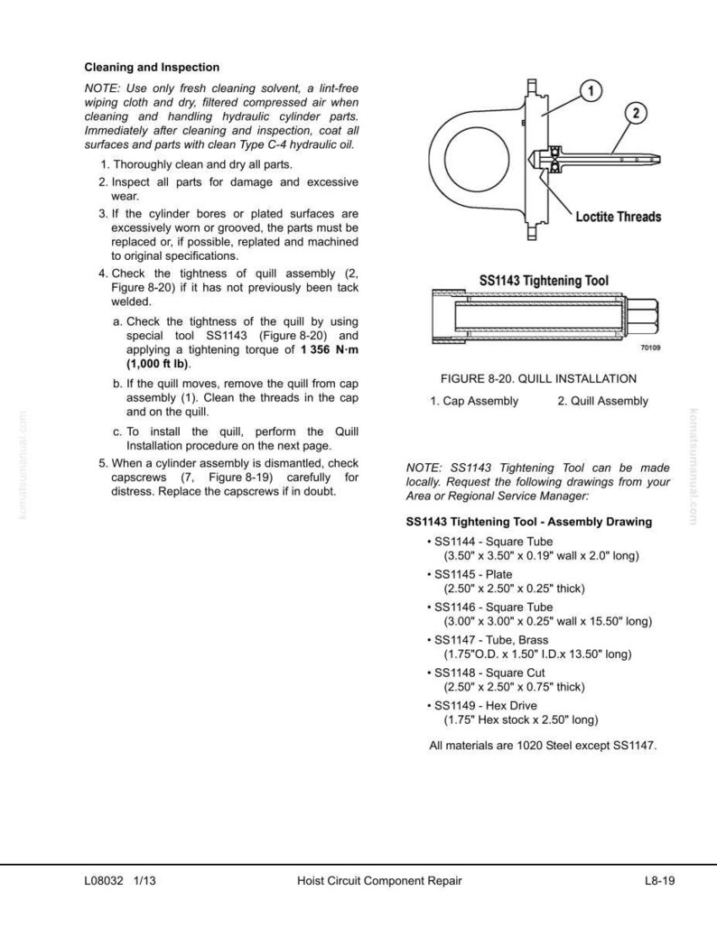 K&ouml;nnte beinhalten: Diagramm einer Quill-Installation mit einem Anziehwerkzeug, beschriftet mit Teilenummern und Ma&szlig;en in Zoll. Enth&auml;lt Anweisungen zur Reinigung, Inspektion und Montage von Hydraulikzylinderteilen. Der Text enth&auml;lt das Anzugsdrehmoment von 1356 N&middot;m.
