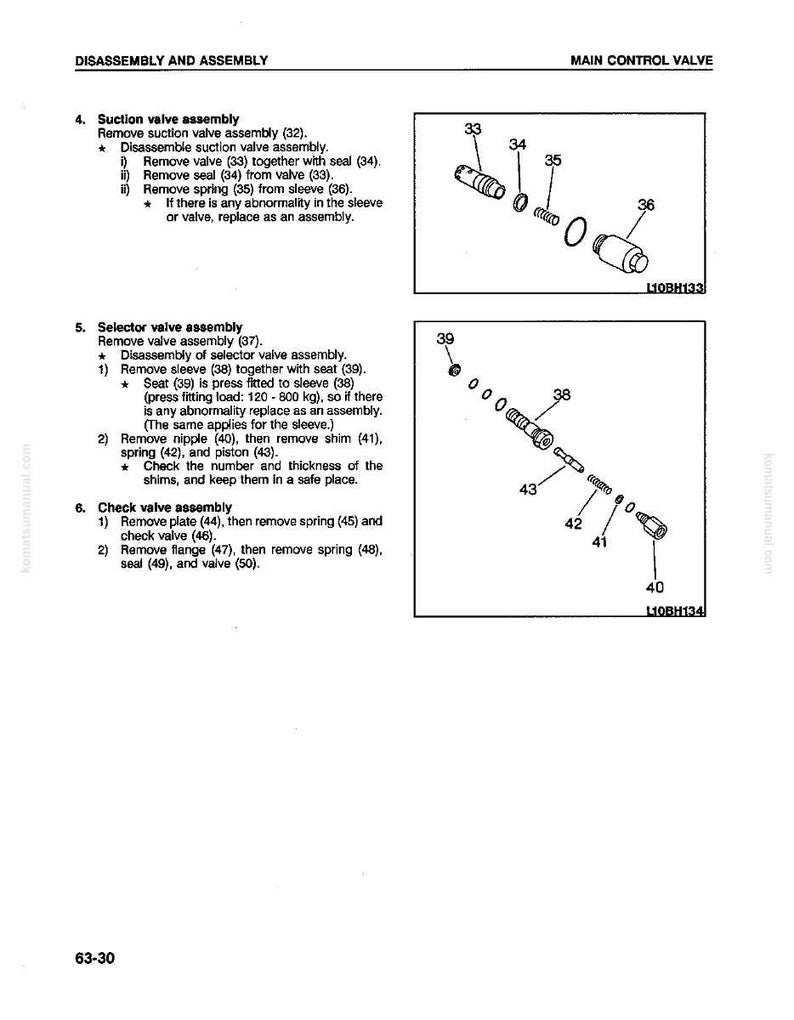 May include: Diagram of a main control valve assembly, detailing disassembly and assembly steps. Includes labeled components such as valves, seals, springs, and sleeves. Text instructions accompany the diagrams, providing a technical guide.