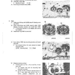 Pu&ograve; includere: Diagramma tecnico che illustra lo smontaggio e il montaggio di una trasmissione Hydroshift. Include passaggi numerati, diagrammi e specifiche per l'installazione degli ingranaggi, la regolazione del precarico dei cuscinetti e l'uso di utensili a pressione. Il testo include misure in kgcm.