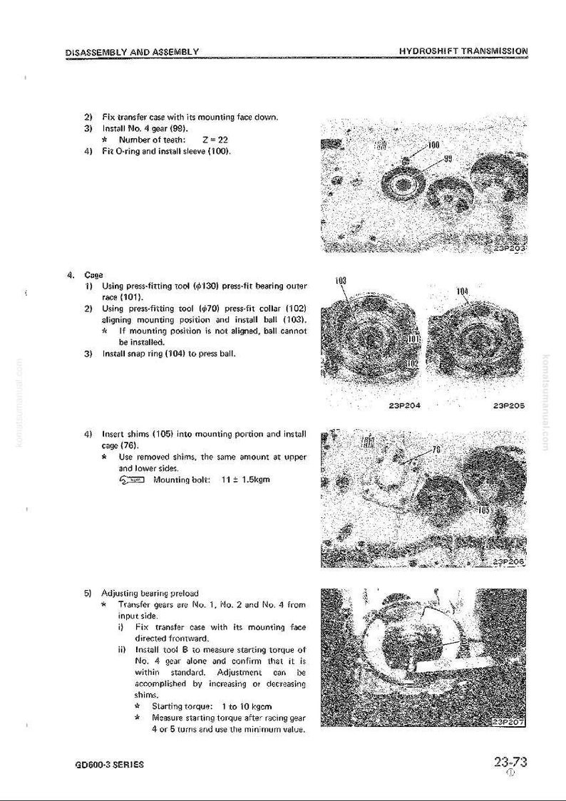 Pu&ograve; includere: Diagramma tecnico che illustra lo smontaggio e il montaggio di una trasmissione Hydroshift. Include passaggi numerati, diagrammi e specifiche per l'installazione degli ingranaggi, la regolazione del precarico dei cuscinetti e l'uso di utensili a pressione. Il testo include misure in kgcm.