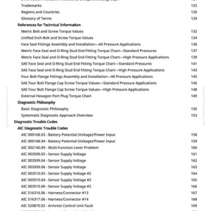 May include: A page from a manual with a white background, listing a table of contents. Topics include "Diagnostic Trouble Codes" and "Metric Bolt and Screw Torque Values". Page number 3.