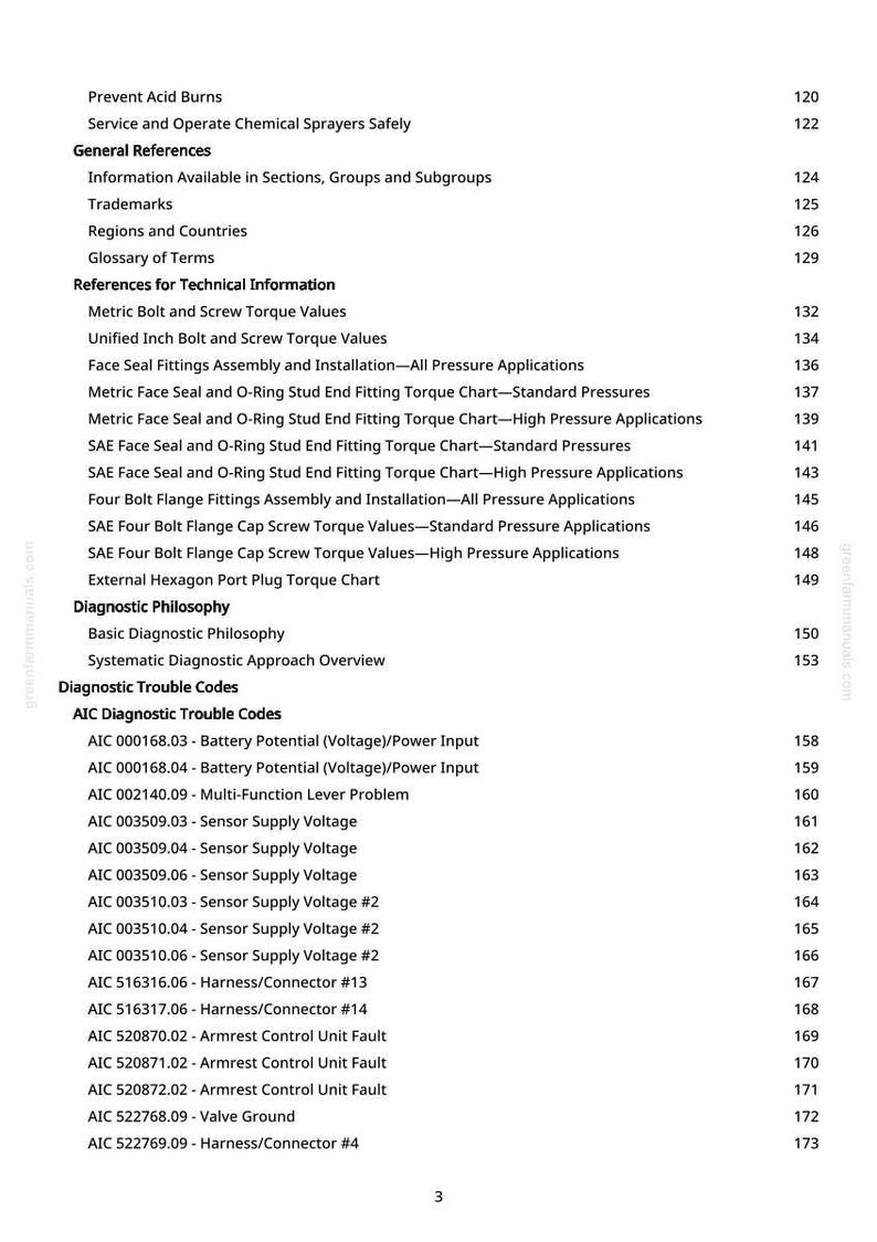 May include: A page from a manual with a white background, listing a table of contents. Topics include "Diagnostic Trouble Codes" and "Metric Bolt and Screw Torque Values". Page number 3.