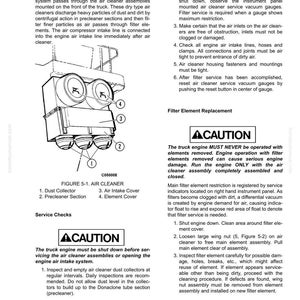 May include: Technical diagram of an air cleaner assembly, showing components like the dust collector and air intake cover. Includes text detailing service checks and filter replacement procedures.
