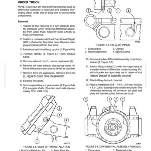 May include: Diagram of a differential carrier assembly service procedure for a truck. Includes illustrations of exhaust piping, body up pin installation, and differential assembly removal. Text provides step-by-step instructions for the process.