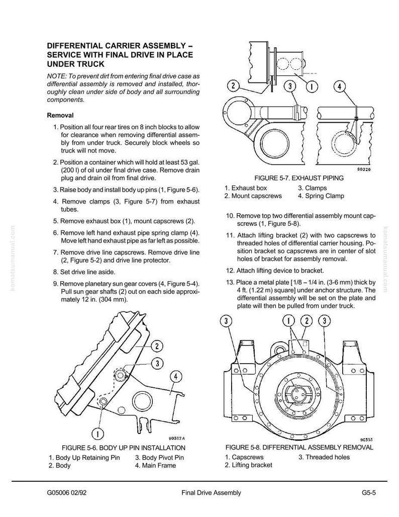 May include: Diagram of a differential carrier assembly service procedure for a truck. Includes illustrations of exhaust piping, body up pin installation, and differential assembly removal. Text provides step-by-step instructions for the process.