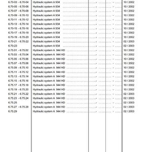 May include: A service manual page for a hydraulic excavator, featuring a table with page numbers, descriptions of hydraulic systems A 934 and A 944 HD, and issue dates. The document is from LIEBHERR, dated 06/2006.