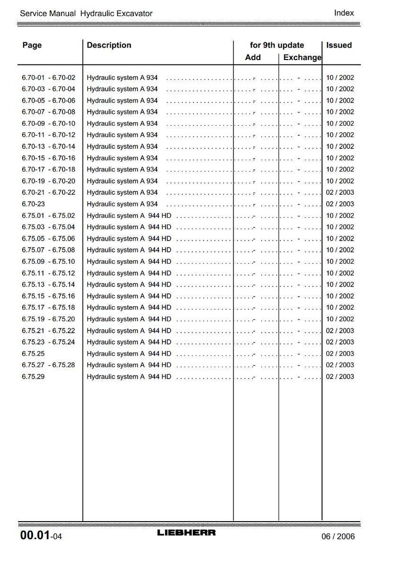 May include: A service manual page for a hydraulic excavator, featuring a table with page numbers, descriptions of hydraulic systems A 934 and A 944 HD, and issue dates. The document is from LIEBHERR, dated 06/2006.