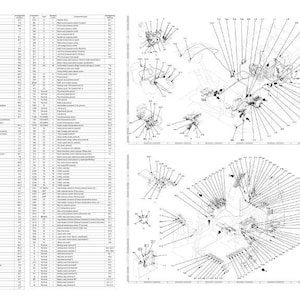 May include: Detailed technical diagrams and a parts list. The image features multiple exploded views of mechanical components, with lines and arrows indicating connections and part numbers. A comprehensive parts list is displayed on the left side of the image.