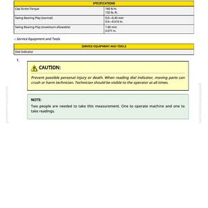 Pu&ograve; includere: Pagina di manuale intitolata "Misurare l'usura del cuscinetto oscillante" con specifiche per la coppia della vite del cappuccio e il gioco del cuscinetto oscillante. Include un'avvertenza e una nota sulla misurazione.