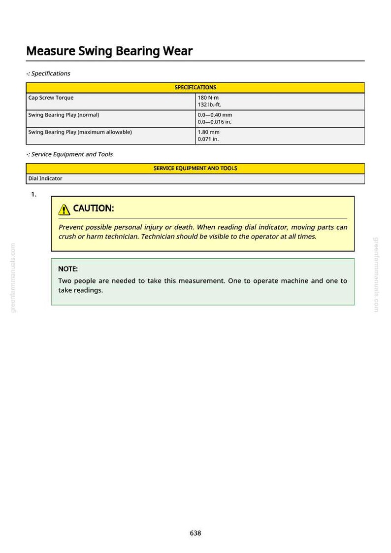 Pu&ograve; includere: Pagina di manuale intitolata "Misurare l'usura del cuscinetto oscillante" con specifiche per la coppia della vite del cappuccio e il gioco del cuscinetto oscillante. Include un'avvertenza e una nota sulla misurazione.