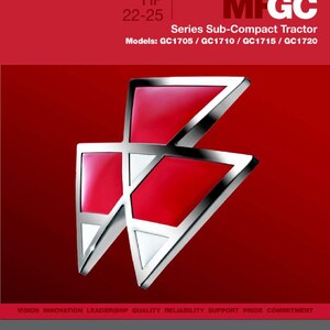 Op de afbeelding: Een rode en zilveren servicehandleiding cover voor een Massey Ferguson sub-compact tractor. De cover toont het MFGC-logo en de tekst "Service Manual". De handleiding behandelt de modellen GC1705, GC1710, GC1715 en GC1720.