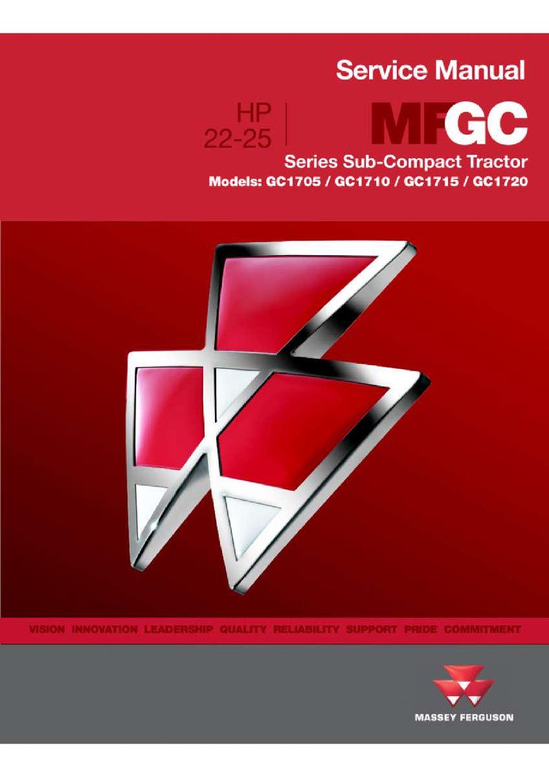Op de afbeelding: Een rode en zilveren servicehandleiding cover voor een Massey Ferguson sub-compact tractor. De cover toont het MFGC-logo en de tekst "Service Manual". De handleiding behandelt de modellen GC1705, GC1710, GC1715 en GC1720.