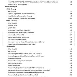 Puede incluir: Una p&aacute;gina de manual con un &iacute;ndice. El texto incluye secciones sobre reparaci&oacute;n de la transmisi&oacute;n, carcasa del embrague, conjunto del embrague, transmisi&oacute;n y toma de fuerza trasera. Los n&uacute;meros de p&aacute;gina se enumeran.