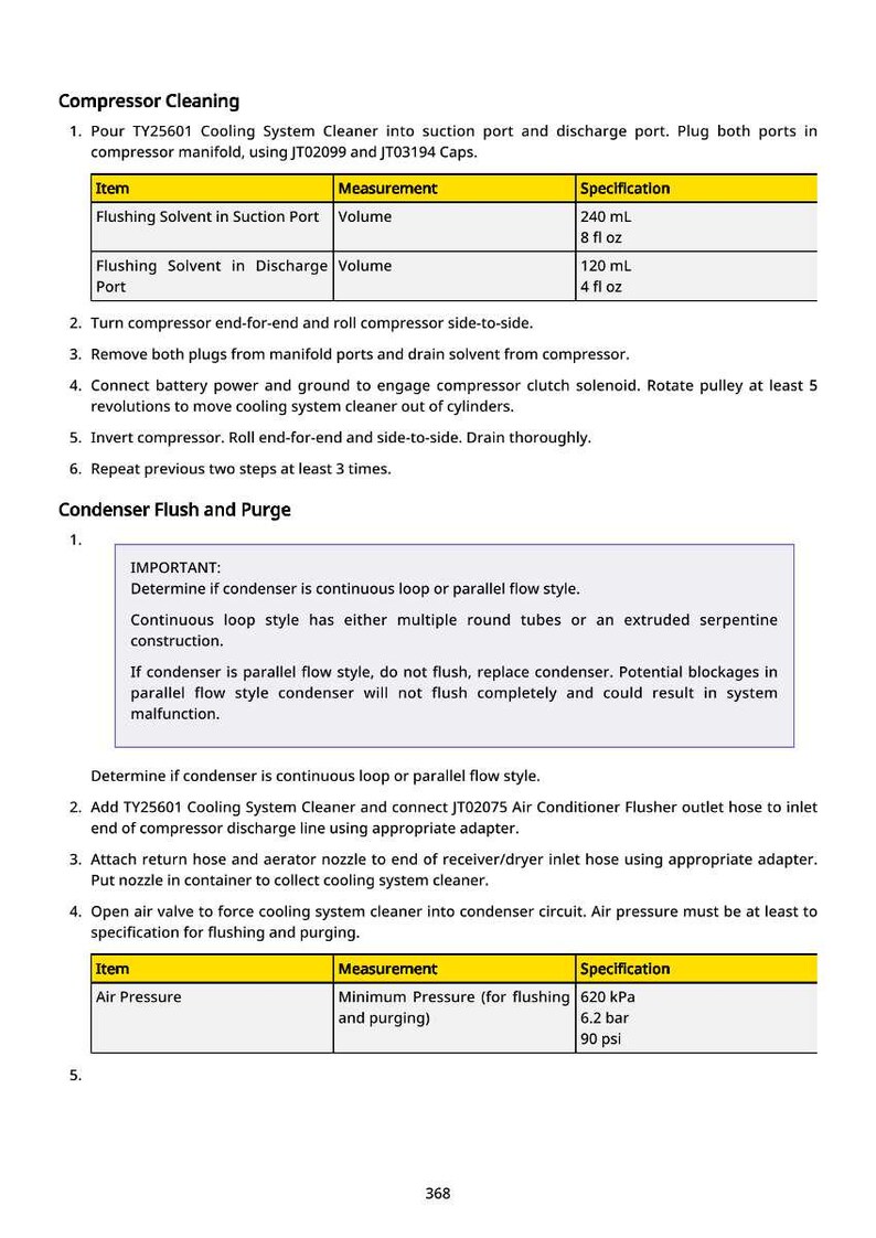 May include: A detailed guide for compressor cleaning and condenser flush and purge. Includes instructions for flushing solvent volumes in suction and discharge ports, and air pressure specifications. The text is in black font on a white background.