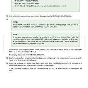 Puede incluir: Documento t&eacute;cnico con instrucciones y notas sobre procedimientos de calibraci&oacute;n. El texto incluye informaci&oacute;n sobre las RPM del motor, la temperatura del aceite hidr&aacute;ulico y la configuraci&oacute;n del interruptor proporcional auxiliar. Tambi&eacute;n detalla mensajes en pantalla.