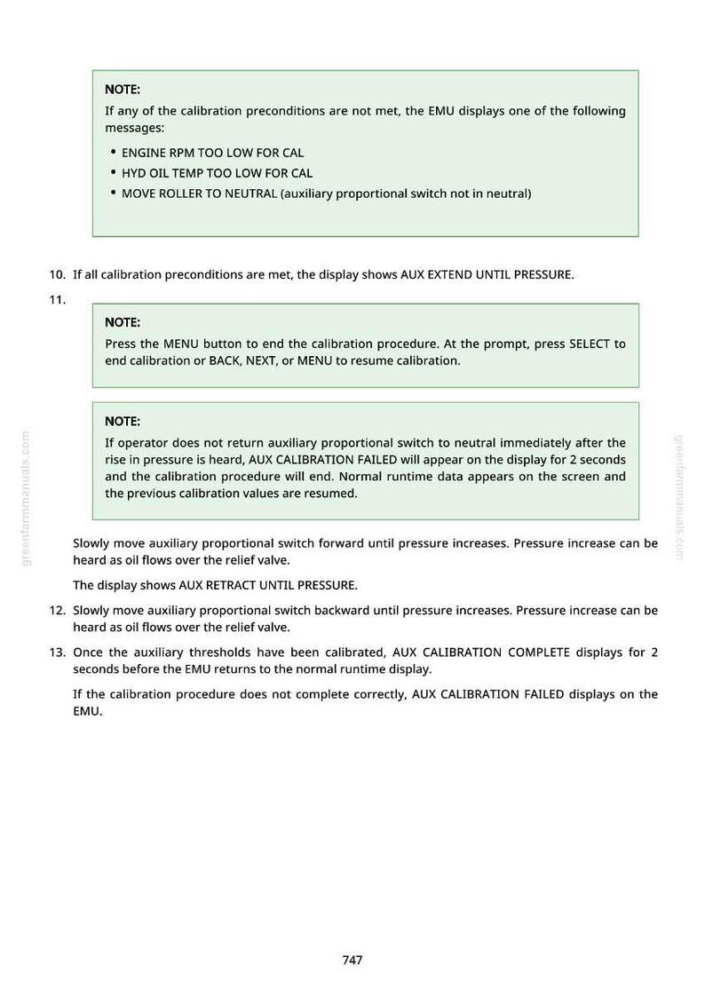 Puede incluir: Documento t&eacute;cnico con instrucciones y notas sobre procedimientos de calibraci&oacute;n. El texto incluye informaci&oacute;n sobre las RPM del motor, la temperatura del aceite hidr&aacute;ulico y la configuraci&oacute;n del interruptor proporcional auxiliar. Tambi&eacute;n detalla mensajes en pantalla.