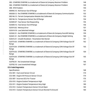 K&ouml;nnte beinhalten: Eine detaillierte Liste von Diagnosecodes und Spezifikationen, einschlie&szlig;lich STARFIRE- und CCU-Codes, f&uuml;r landwirtschaftliche Ger&auml;te. Der Text enth&auml;lt Deere & Company-Marken und verschiedene Sensorwerte, wie z. B. Kraftstoffstand und K&uuml;hlmitteltemperatur. Das Dokument stammt von greenfarmmanuals.com.