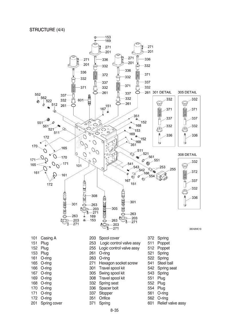 May include: An exploded diagram of a mechanical structure, labeled "STRUCTURE (4/4)". The image shows various components, including springs, O-rings, and screws, with callouts for each part. The diagram is in black and white.