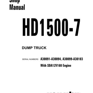 Pu&ograve; includere: Una copertina bianca del manuale d'officina con testo nero. Il titolo "HD1500-7" &egrave; ben visibile, con "DUMP TRUCK" sotto. Include i numeri di serie e "With SDA12V160 Engine". Il logo Komatsu &egrave; in basso.