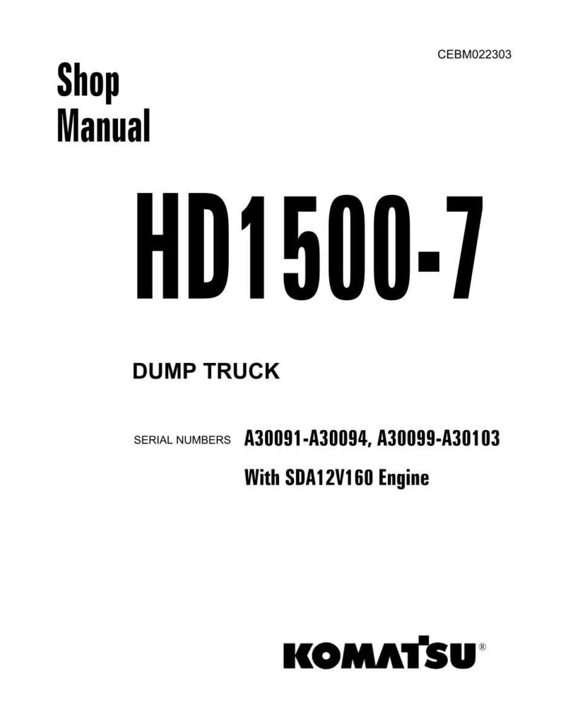 Pu&ograve; includere: Una copertina bianca del manuale d'officina con testo nero. Il titolo "HD1500-7" &egrave; ben visibile, con "DUMP TRUCK" sotto. Include i numeri di serie e "With SDA12V160 Engine". Il logo Komatsu &egrave; in basso.