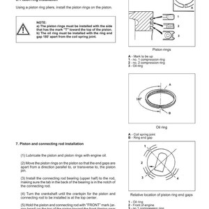 Op de afbeelding: Diagram van een Mitsubishi-motorassemblage, met details over de installatie van zuigerveren en drijfstangen. Bevat illustraties van zuigerveren, olieringen en hun relatieve posities. Tekst bevat instructies en opmerkingen voor montage.