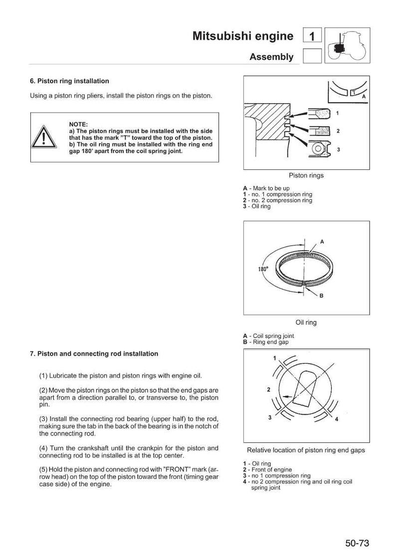 Op de afbeelding: Diagram van een Mitsubishi-motorassemblage, met details over de installatie van zuigerveren en drijfstangen. Bevat illustraties van zuigerveren, olieringen en hun relatieve posities. Tekst bevat instructies en opmerkingen voor montage.