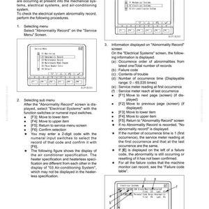 May include: A technical document with diagrams and text detailing the electrical systems abnormality record for a machine monitor. The document includes instructions, menu options, and screen displays for troubleshooting.