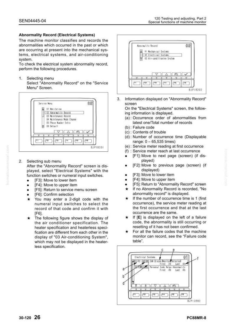 May include: A technical document with diagrams and text detailing the electrical systems abnormality record for a machine monitor. The document includes instructions, menu options, and screen displays for troubleshooting.