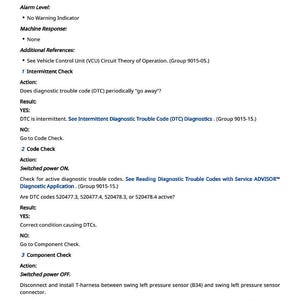 Puede incluir: Un documento blanco titulado "520477.22 - Swing Pressures" con informaci&oacute;n de diagn&oacute;stico. El texto incluye "Alarm Level", "Machine Response" e instrucciones para la soluci&oacute;n de problemas. El documento es para referencia t&eacute;cnica.