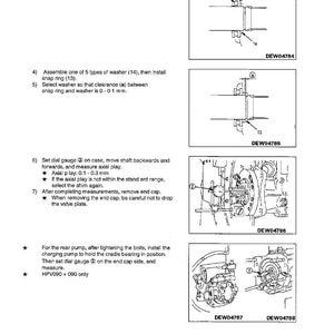 May include: Diagrams illustrating the disassembly and assembly of a piston pump. The images show detailed steps, including installing bearings, washers, and snap rings. Text instructions accompany the diagrams, providing guidance on measurements and procedures.