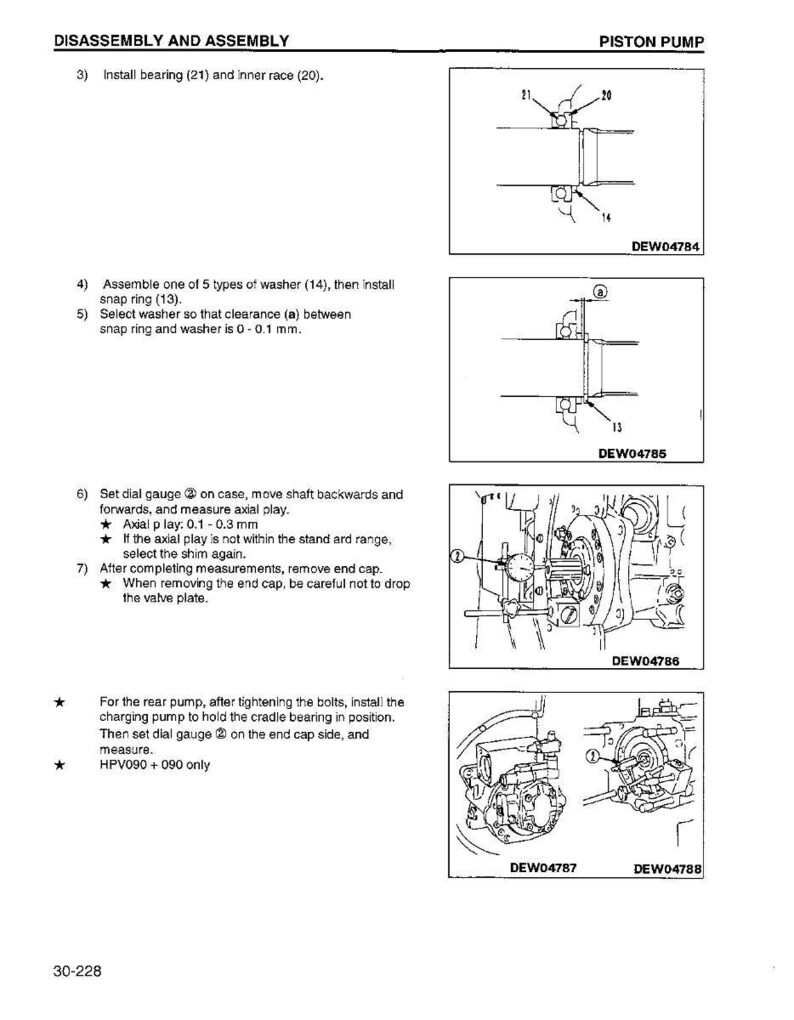 May include: Diagrams illustrating the disassembly and assembly of a piston pump. The images show detailed steps, including installing bearings, washers, and snap rings. Text instructions accompany the diagrams, providing guidance on measurements and procedures.