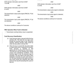 May include: A white document with black text detailing fault detection and recovery logic for a T/M input speed signal. The document includes diagrams and explanations of system operations and conditions.