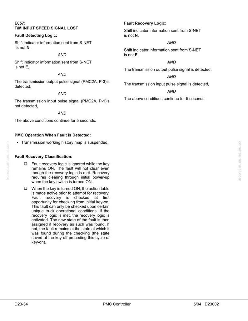 May include: A white document with black text detailing fault detection and recovery logic for a T/M input speed signal. The document includes diagrams and explanations of system operations and conditions.