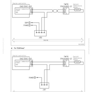 May include: Diagram of a coolant temperature sensor circuit, labeled "with EGR" and "EGR-less." The diagram includes components like the engine controller, TWTR (Packard-2), and JB2 and JB1 connectors. Text includes "40 Troubleshooting."