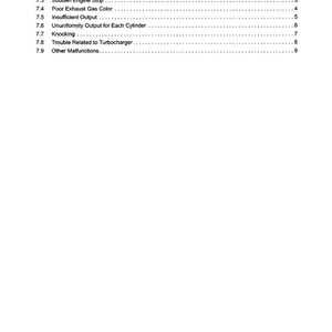 May include: A page from a manual with the title "7 Troubleshooting." The text lists common engine problems such as "Does not Start or Difficult to Start," "Unsmooth Running," and "Knocking."