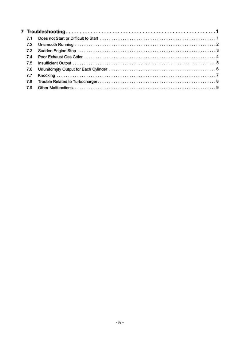 May include: A page from a manual with the title "7 Troubleshooting." The text lists common engine problems such as "Does not Start or Difficult to Start," "Unsmooth Running," and "Knocking."