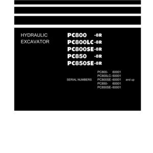 May include: A black and white shop manual cover with the text "Shop Manual" at the top. The manual lists hydraulic excavator models PC800, PC800LC, PC800SE, PC850, and PC850SE. The Komatsu logo is at the bottom.