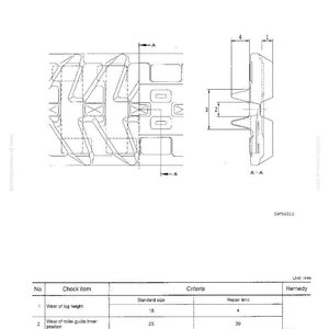 May include: Technical diagram of a track shoe, with detailed cross-sectional views and measurements in millimeters. The diagram includes a table with wear criteria and repair limits for various components of the track shoe.