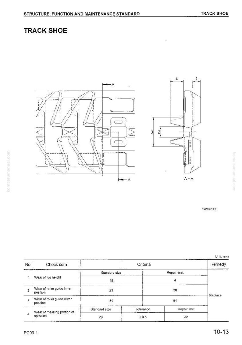 May include: Technical diagram of a track shoe, with detailed cross-sectional views and measurements in millimeters. The diagram includes a table with wear criteria and repair limits for various components of the track shoe.