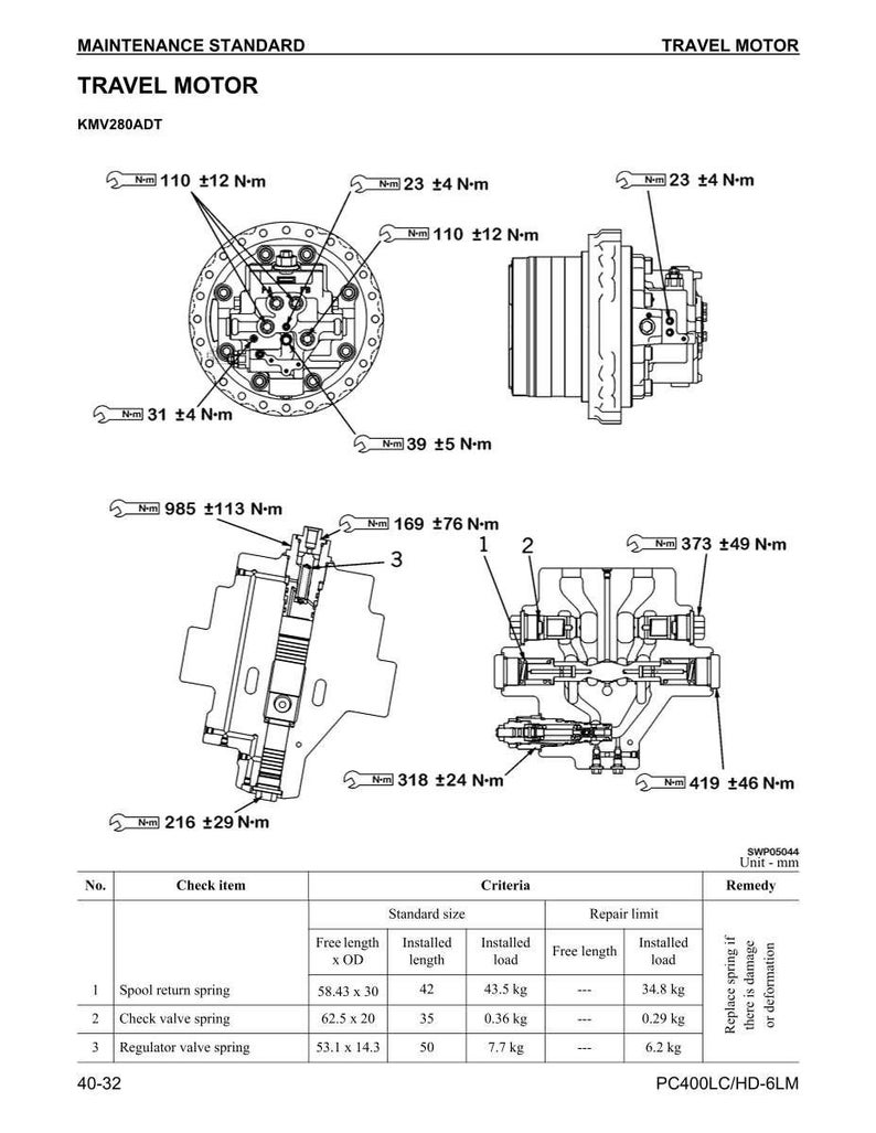 Puede incluir: Diagrama t&eacute;cnico de un motor de desplazamiento, con esquemas detallados y especificaciones. La imagen muestra varias vistas del motor, anotadas con medidas en N-m y una tabla que detalla los elementos de control, los tama&ntilde;os est&aacute;ndar y los l&iacute;mites de reparaci&oacute;n.