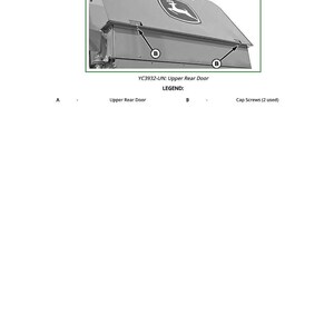 May include: An illustration of a gray upper rear door with a green logo. The image includes labels for the upper rear door and cap screws. The text "YC3932-UN: Upper Rear Door" is also present.