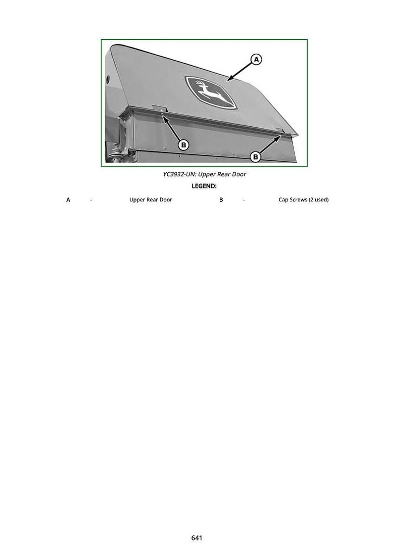 May include: An illustration of a gray upper rear door with a green logo. The image includes labels for the upper rear door and cap screws. The text "YC3932-UN: Upper Rear Door" is also present.