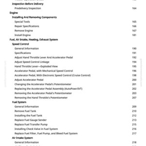 Peut inclure: Une page de manuel avec une table des mati&egrave;res d&eacute;taill&eacute;e. Les sections couvrent les composants du moteur, les syst&egrave;mes de carburant et l'admission d'air. Les num&eacute;ros de page sont list&eacute;s &agrave; droite.