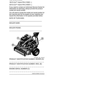 May include: Product identification page for a Walk Greens Mower. The page includes record identification numbers, model information, and spaces to record the date of purchase, dealer name, and phone number. A diagram of the mower is also included.