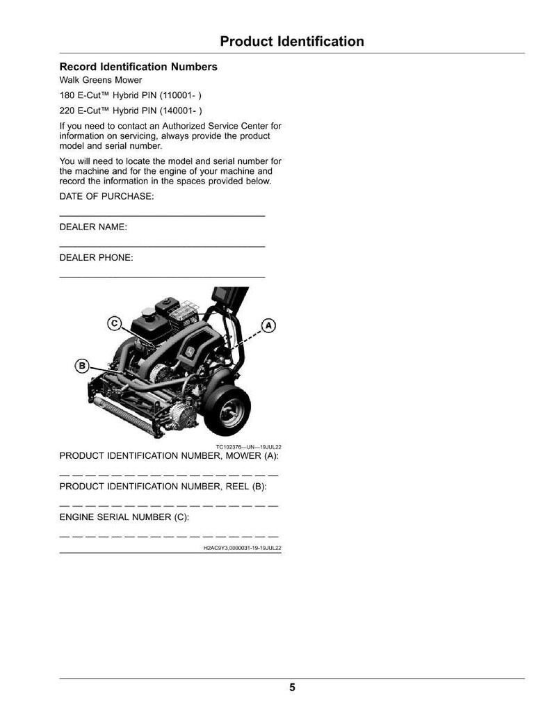 May include: Product identification page for a Walk Greens Mower. The page includes record identification numbers, model information, and spaces to record the date of purchase, dealer name, and phone number. A diagram of the mower is also included.