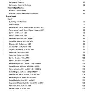 May include: A page from a manual with a table of contents. The topics include engine repair, machine specifications, and carburetor cleaning methods. Page numbers are listed on the right.