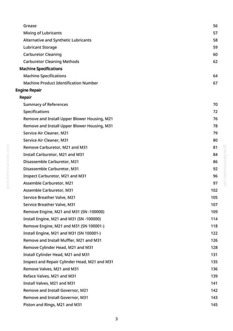 May include: A page from a manual with a table of contents. The topics include engine repair, machine specifications, and carburetor cleaning methods. Page numbers are listed on the right.